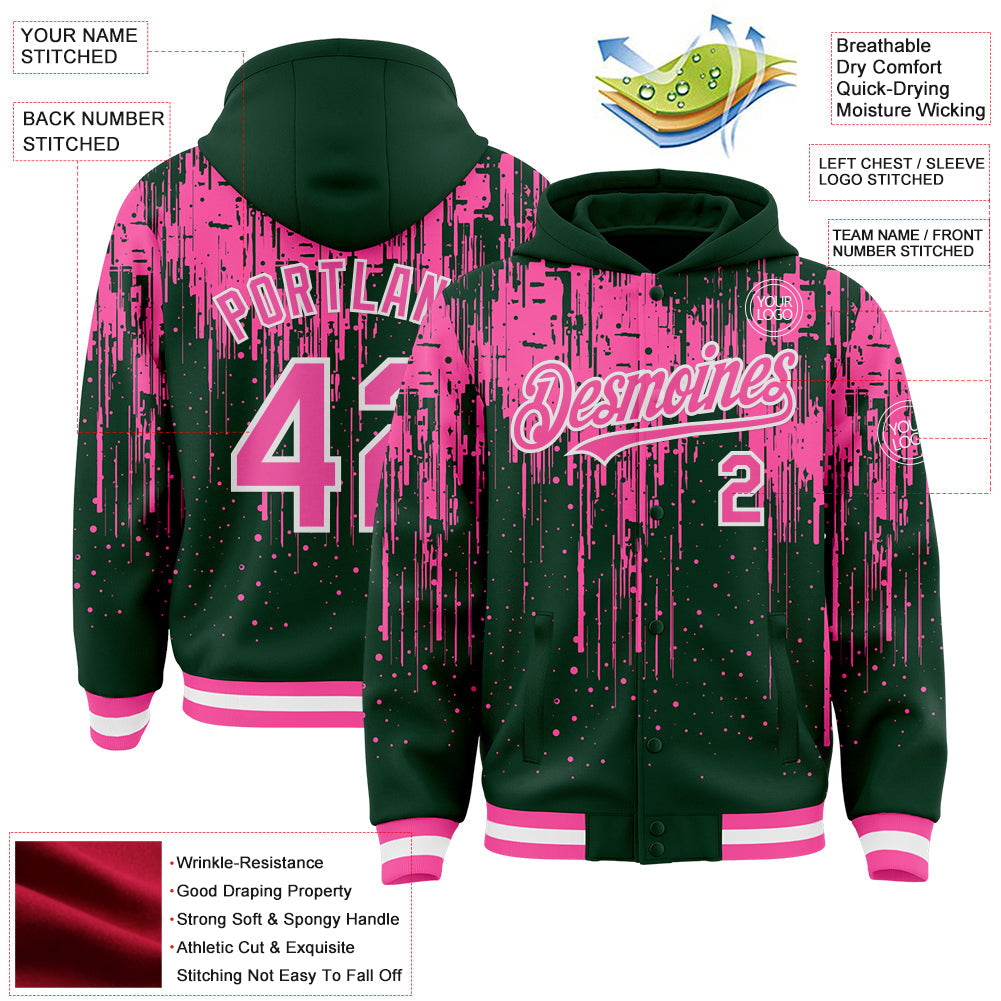 Custom Green Pink-White Dripping Splatter Bomber Full-Snap Varsity Letterman Hoodie Jacket view 4