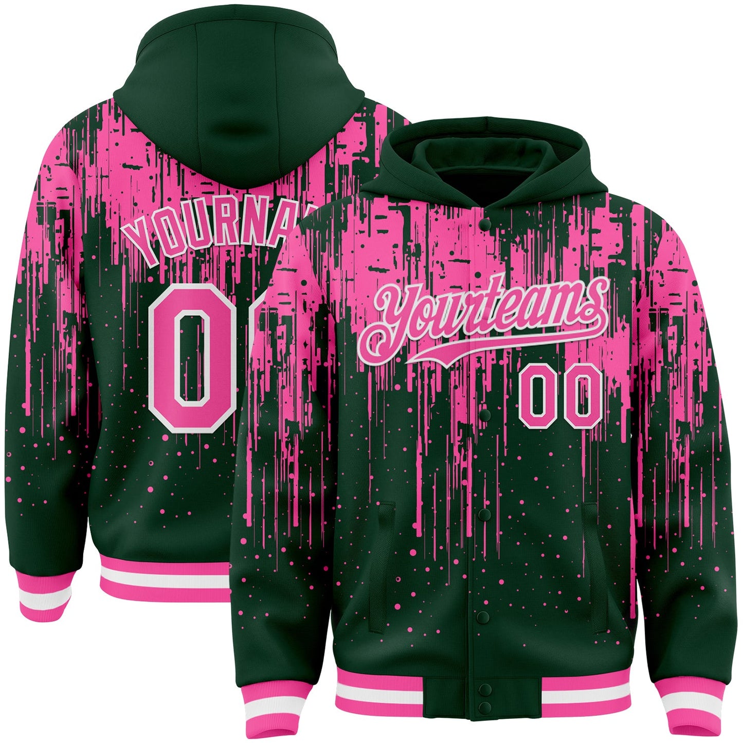 Custom Green Pink-White Dripping Splatter Bomber Full-Snap Varsity Letterman Hoodie Jacket - Main View