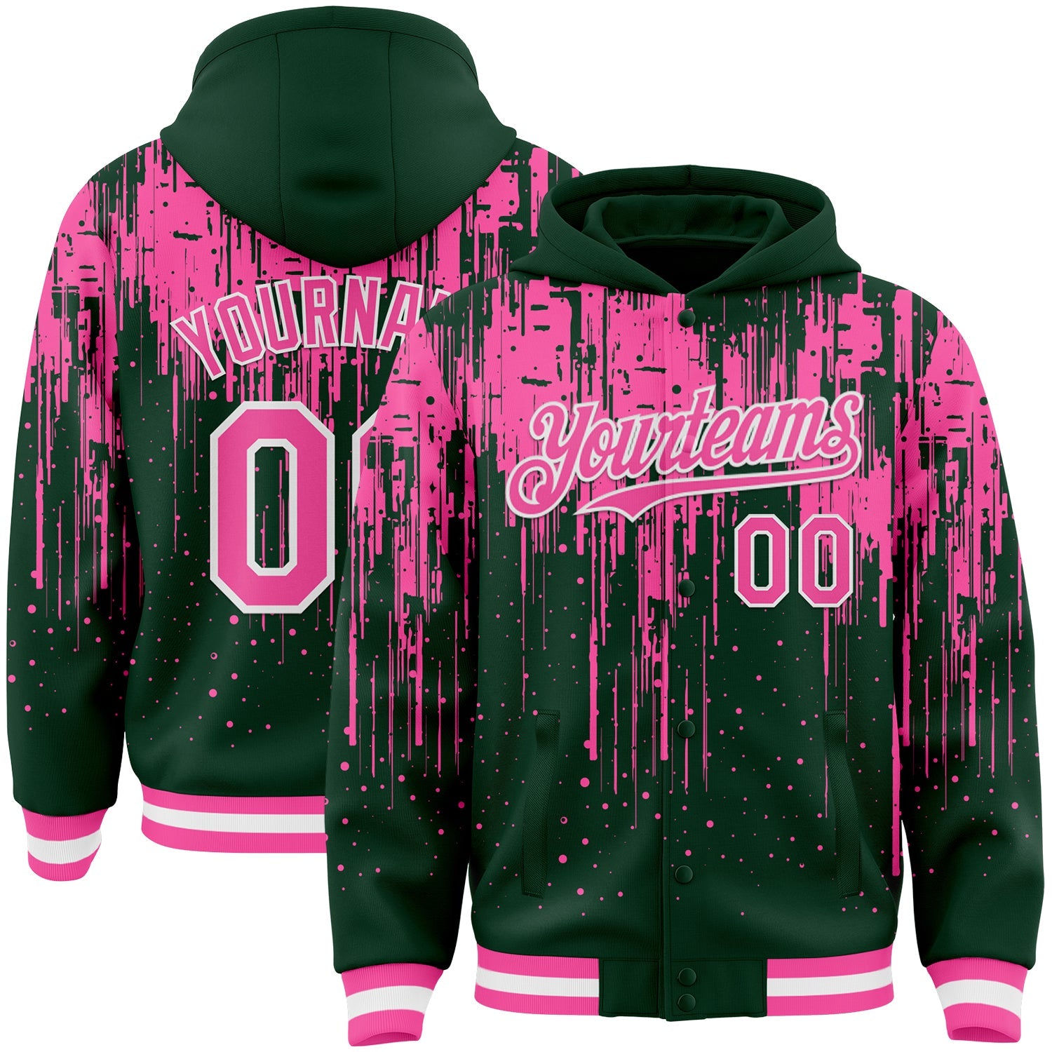 Custom Green Pink-White Dripping Splatter Bomber Full-Snap Varsity Letterman Hoodie Jacket - Main View