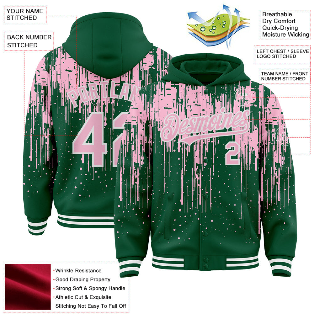 Custom Kelly Green Light Pink-White Dripping Splatter Bomber Full-Snap Varsity Letterman Hoodie Jacket view 4
