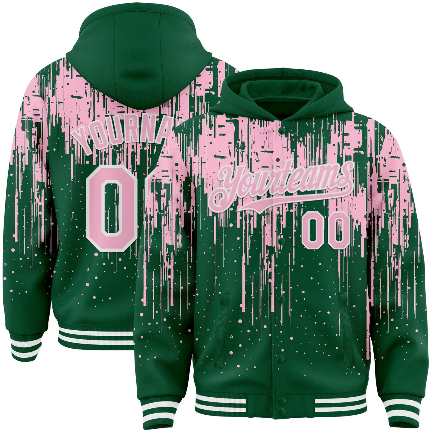 Custom Kelly Green Light Pink-White Dripping Splatter Bomber Full-Snap Varsity Letterman Hoodie Jacket - Main View