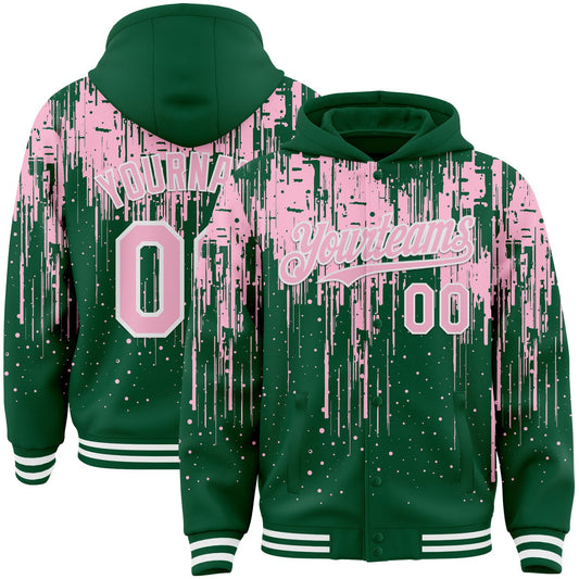 Custom Kelly Green Light Pink-White Dripping Splatter Bomber Full-Snap Varsity Letterman Hoodie Jacket - Main View