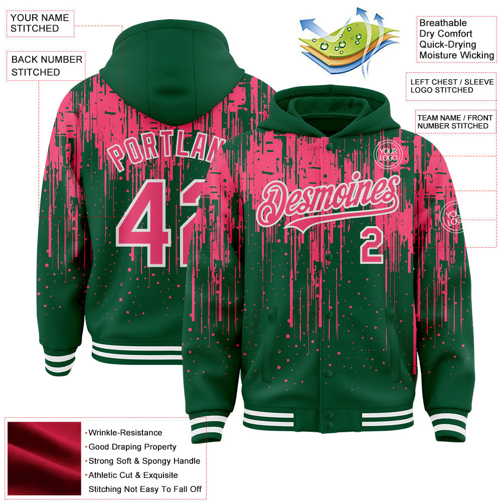 Custom Kelly Green Neon Pink-White Dripping Splatter Bomber Full-Snap Varsity Letterman Hoodie Jacket view 4