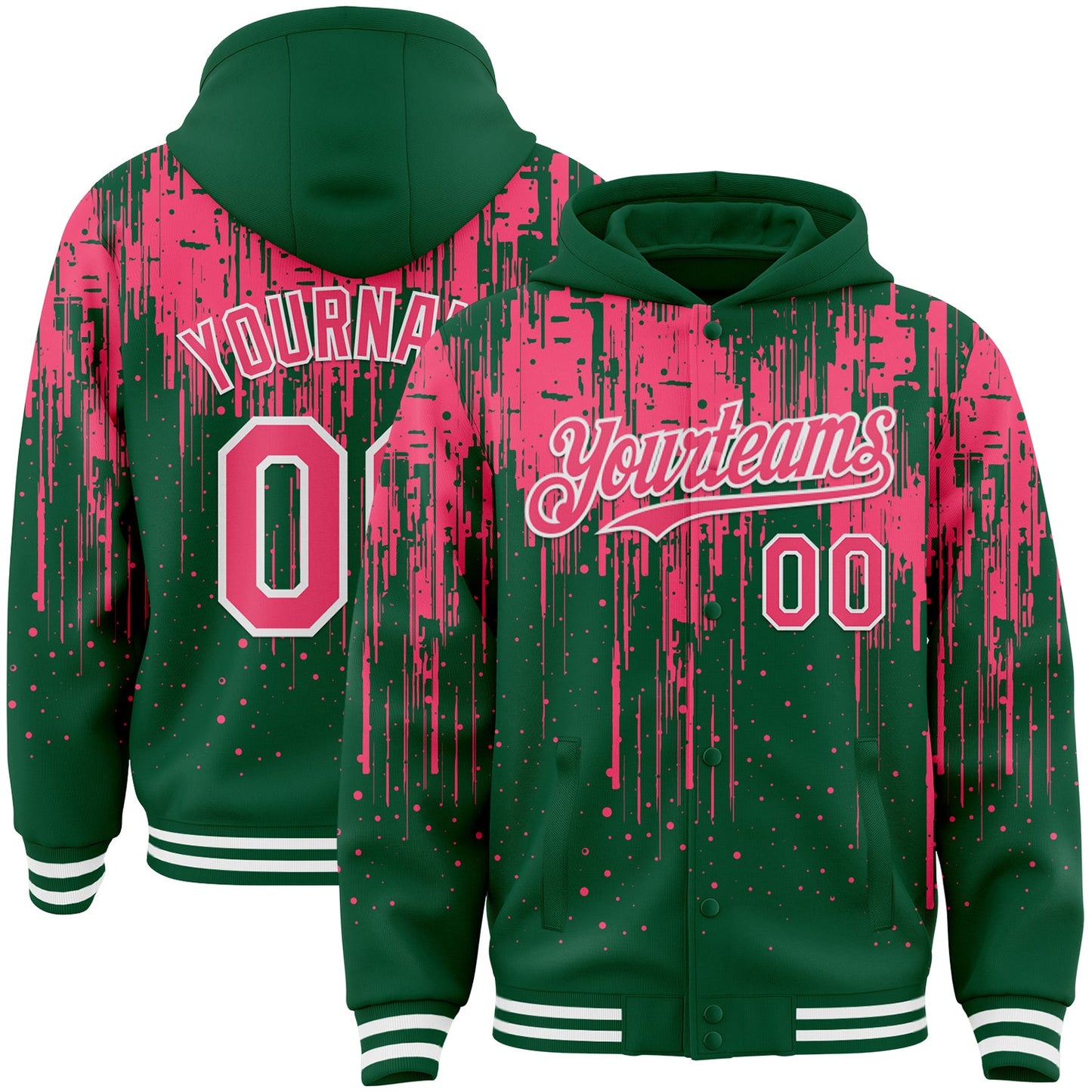 Custom Kelly Green Neon Pink-White Dripping Splatter Bomber Full-Snap Varsity Letterman Hoodie Jacket - Main View