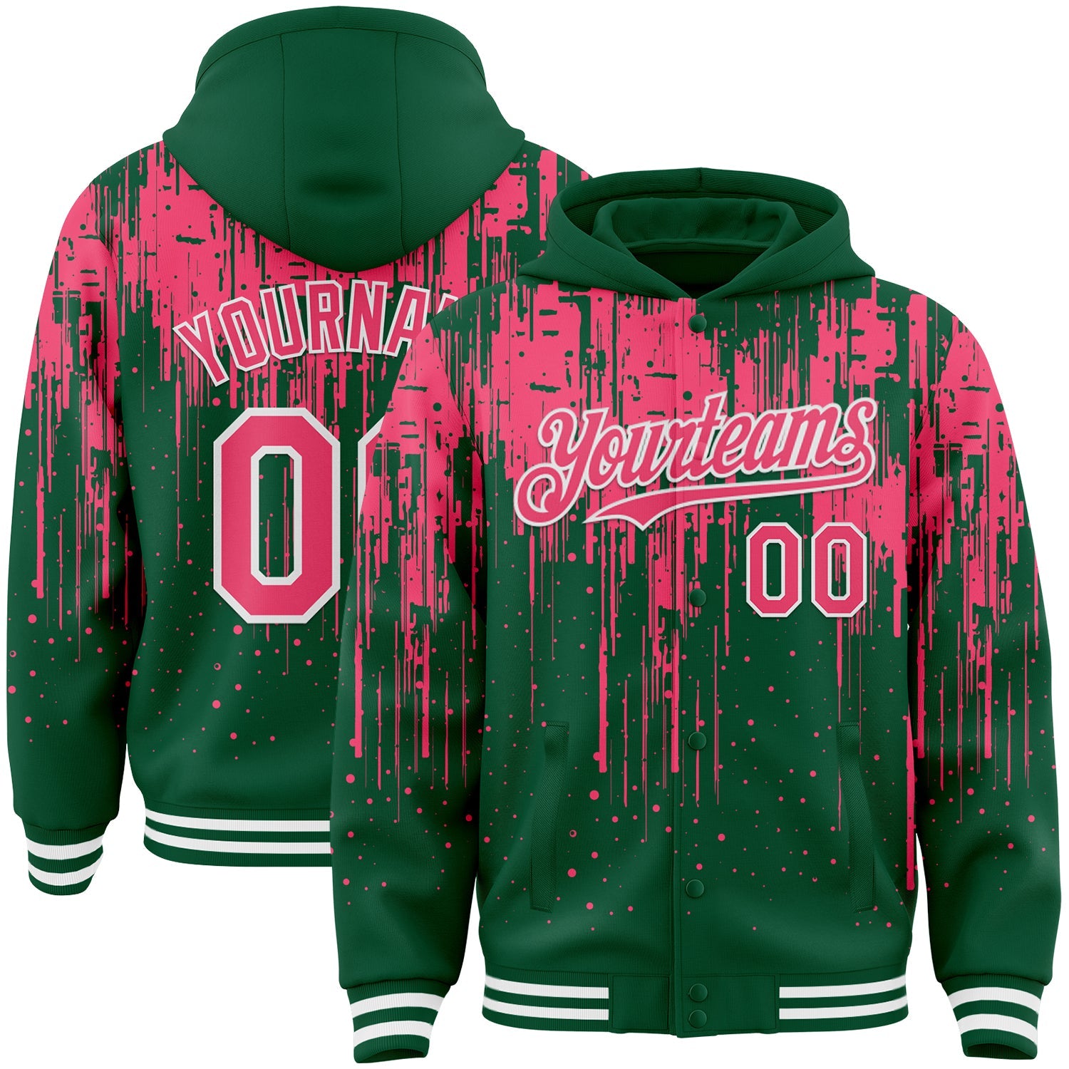 Custom Kelly Green Neon Pink-White Dripping Splatter Bomber Full-Snap Varsity Letterman Hoodie Jacket - Main View