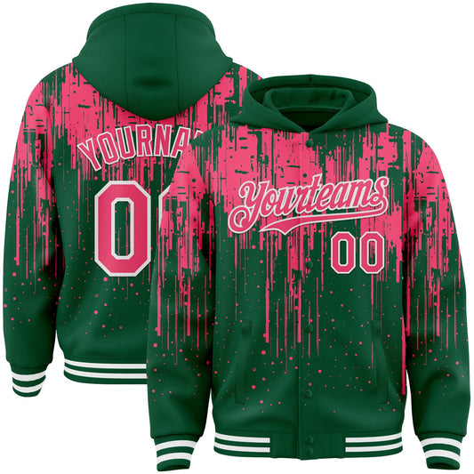 Custom Kelly Green Neon Pink-White Dripping Splatter Bomber Full-Snap Varsity Letterman Hoodie Jacket - Main View