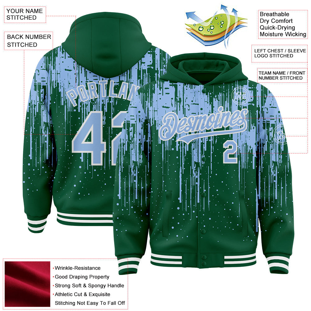 Custom Kelly Green Light Blue-White Dripping Splatter Bomber Full-Snap Varsity Letterman Hoodie Jacket view 4