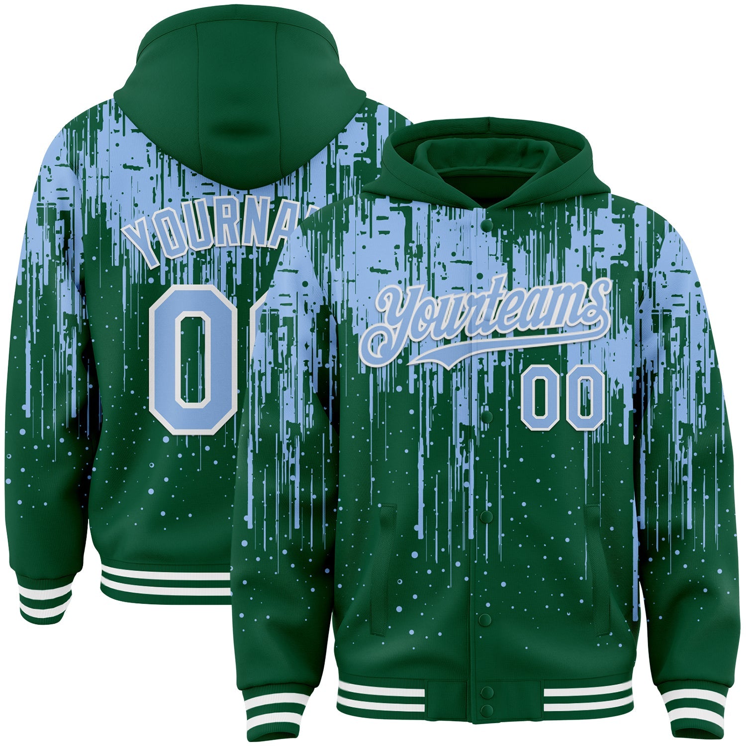 Custom Kelly Green Light Blue-White Dripping Splatter Bomber Full-Snap Varsity Letterman Hoodie Jacket - Main View