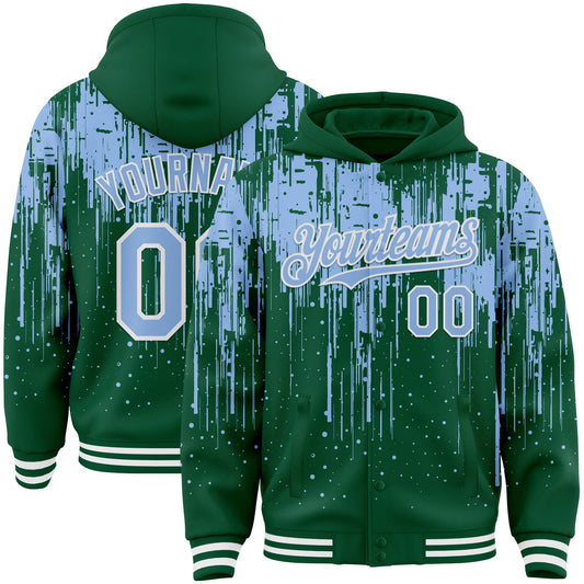 Custom Kelly Green Light Blue-White Dripping Splatter Bomber Full-Snap Varsity Letterman Hoodie Jacket - Main View