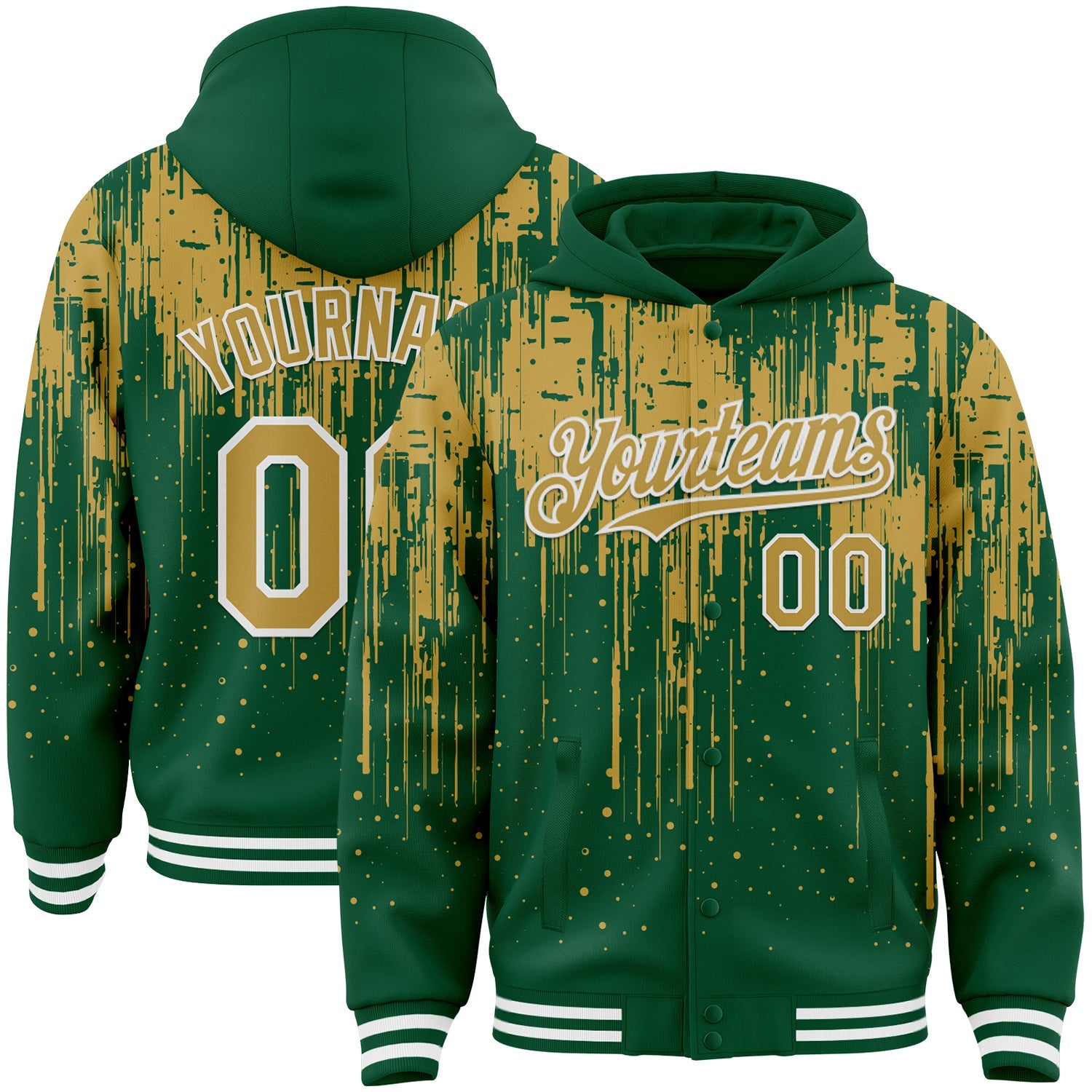 Custom Kelly Green Old Gold-White Dripping Splatter Bomber Full-Snap Varsity Letterman Hoodie Jacket - Main View