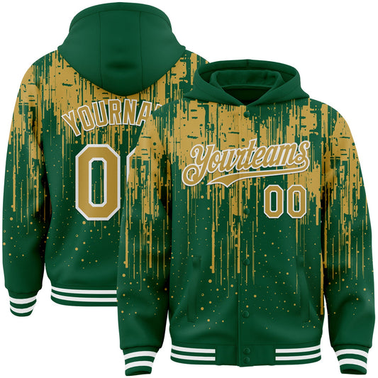 Custom Kelly Green Old Gold-White Dripping Splatter Bomber Full-Snap Varsity Letterman Hoodie Jacket - Main View