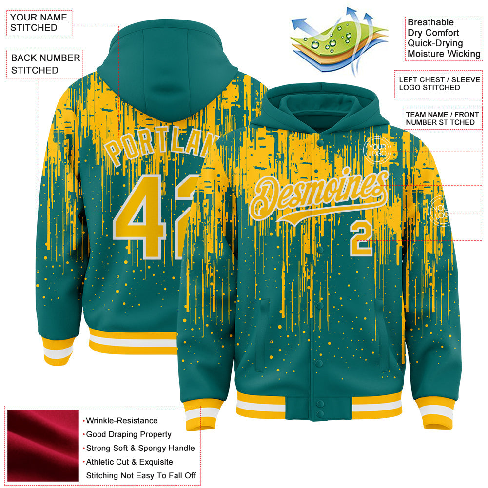 Custom Teal Gold-White Dripping Splatter Bomber Full-Snap Varsity Letterman Hoodie Jacket view 4