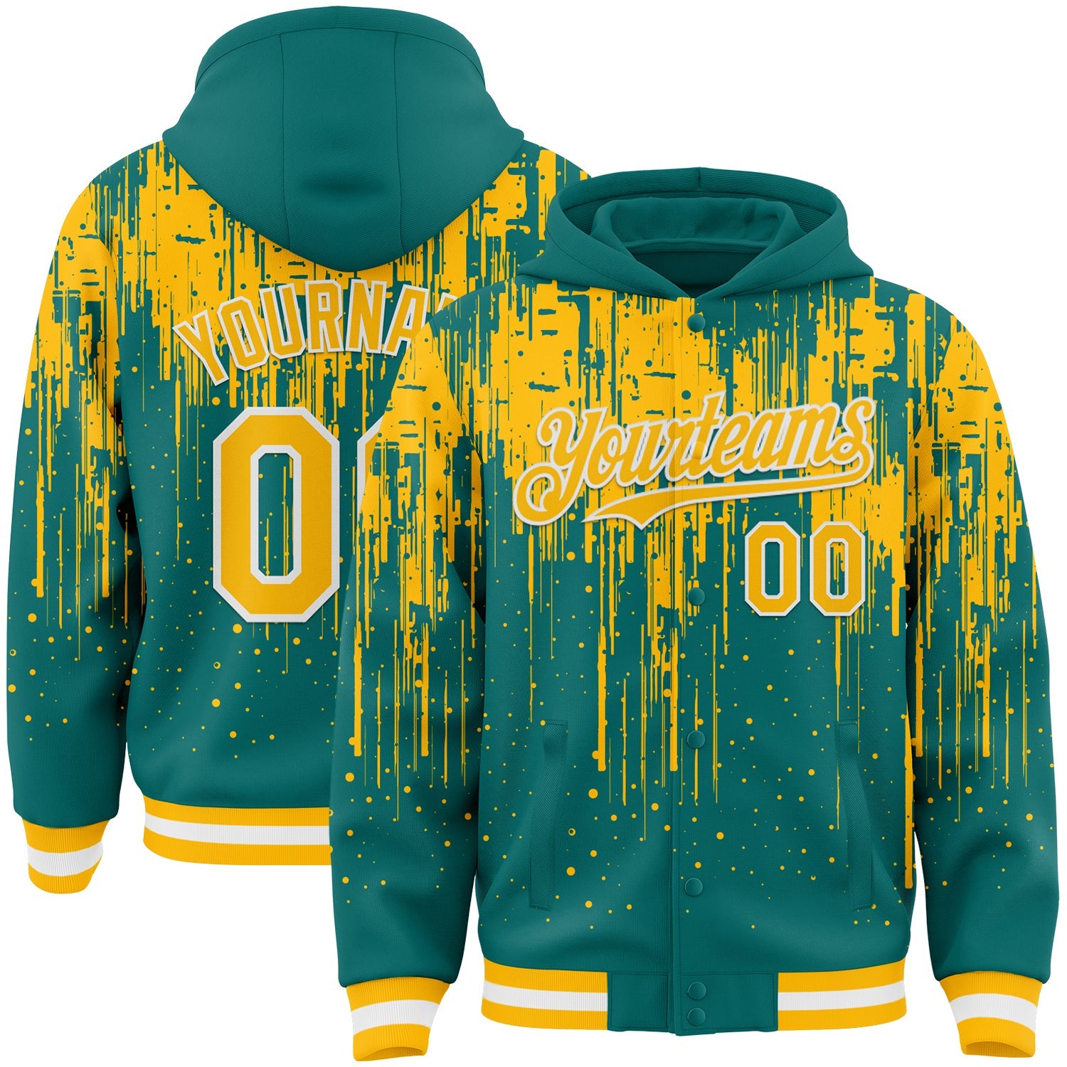 Custom Teal Gold-White Dripping Splatter Bomber Full-Snap Varsity Letterman Hoodie Jacket - Main View