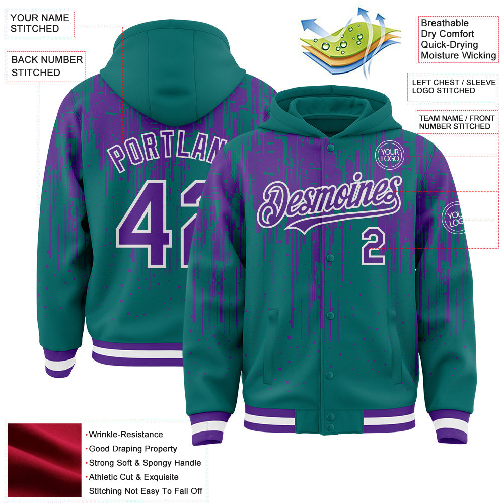 Custom Teal Purple-White Dripping Splatter Bomber Full-Snap Varsity Letterman Hoodie Jacket view 4