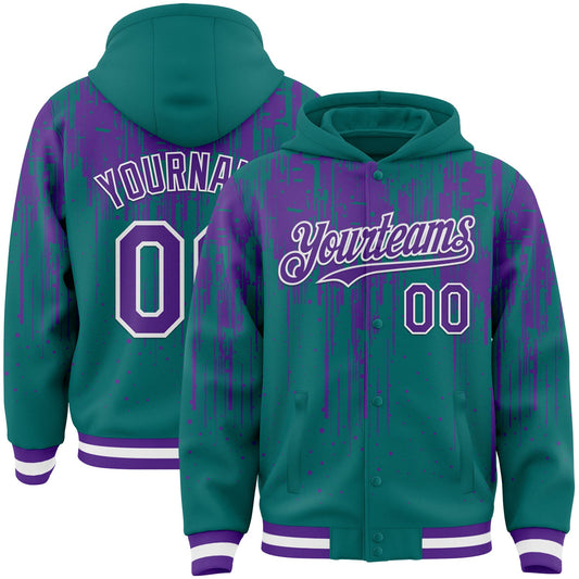 Custom Teal Purple-White Dripping Splatter Bomber Full-Snap Varsity Letterman Hoodie Jacket - Main View