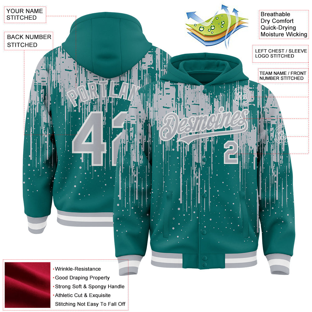 Custom Teal Gray-White Dripping Splatter Bomber Full-Snap Varsity Letterman Hoodie Jacket view 4