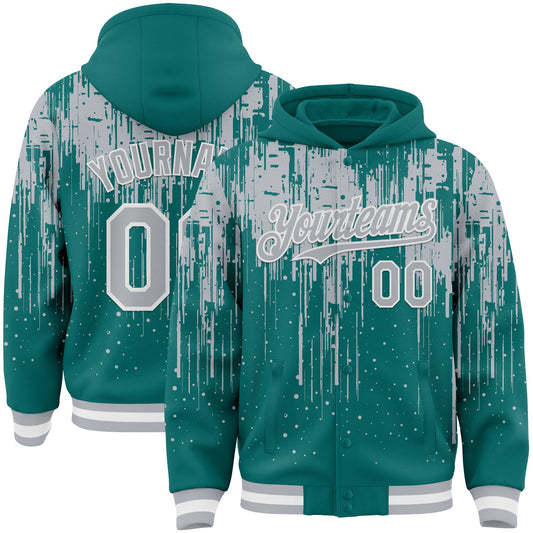 Custom Teal Gray-White Dripping Splatter Bomber Full-Snap Varsity Letterman Hoodie Jacket - Main View