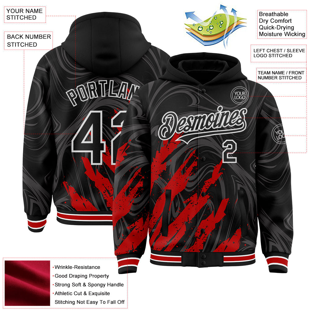 Custom Black Red-White Splash Bomber Full-Snap Varsity Letterman Hoodie Jacket view 4
