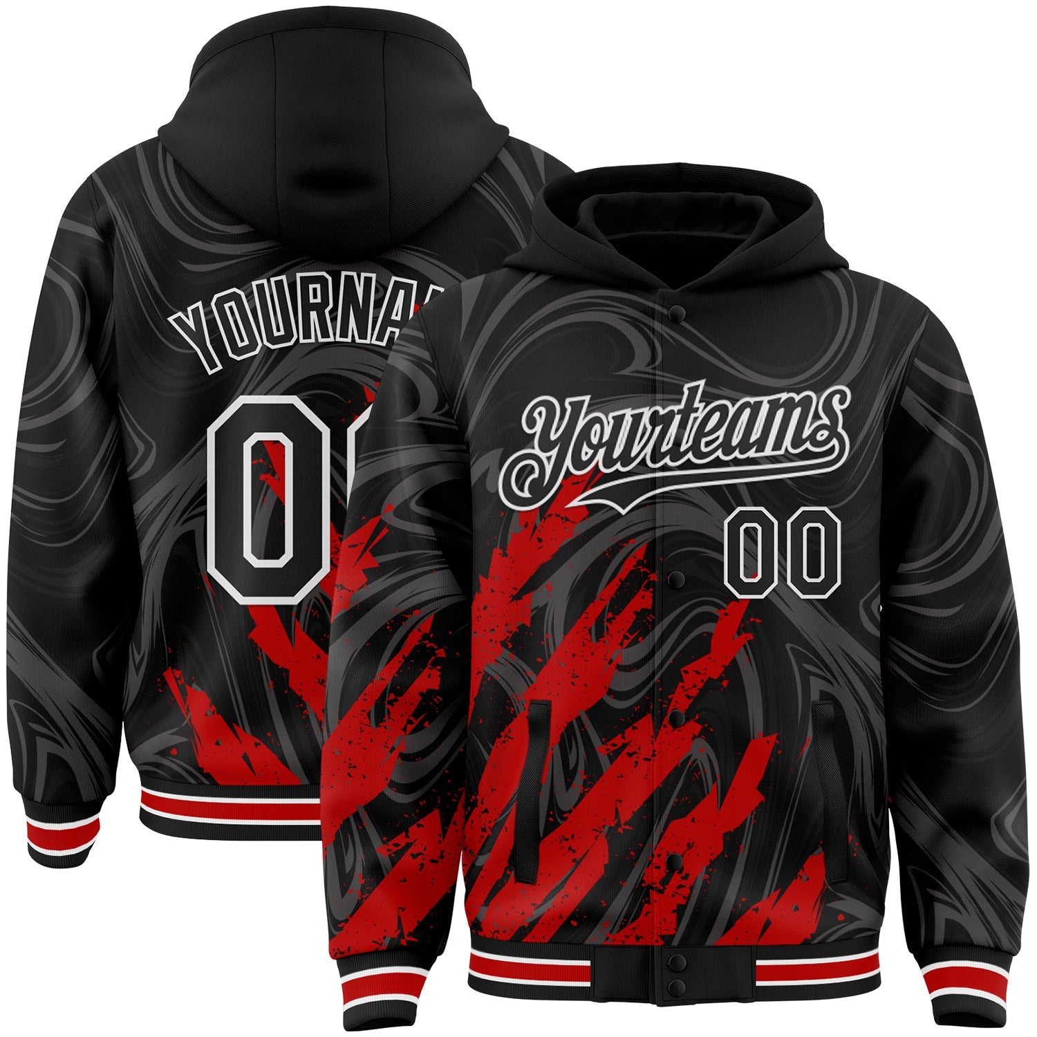 Custom Black Red-White Splash Bomber Full-Snap Varsity Letterman Hoodie Jacket - Main View