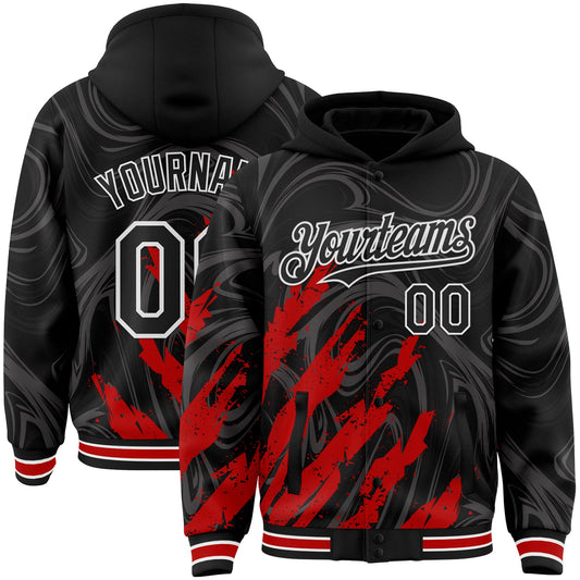 Custom Black Red-White Splash Bomber Full-Snap Varsity Letterman Hoodie Jacket - Main View