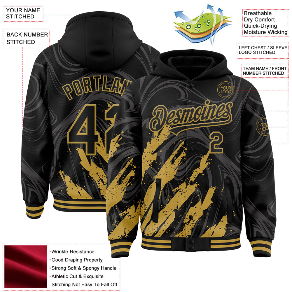 Custom Black Old Gold Splash Bomber Full-Snap Varsity Letterman Hoodie Jacket view 4
