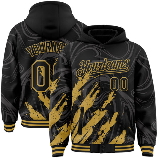 Custom Black Old Gold Splash Bomber Full-Snap Varsity Letterman Hoodie Jacket - Main View