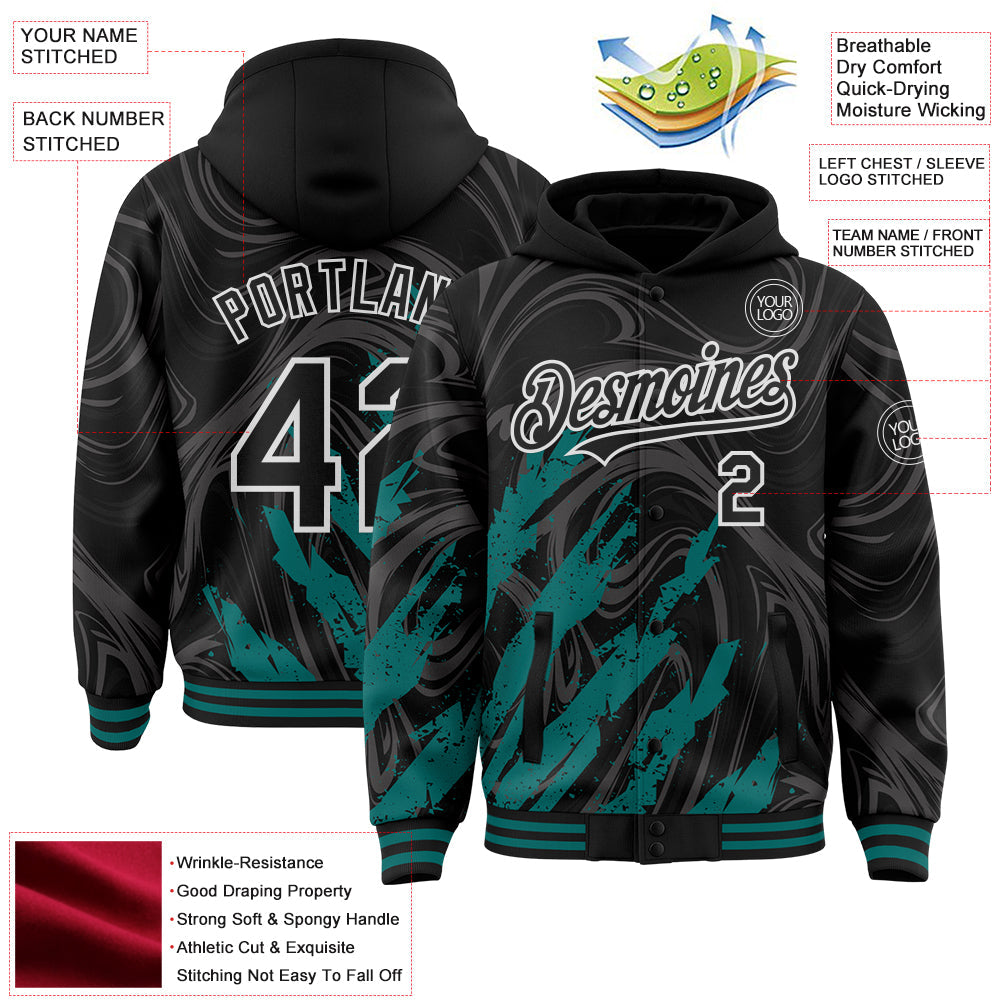 Custom Black Teal-White Splash Bomber Full-Snap Varsity Letterman Hoodie Jacket view 4