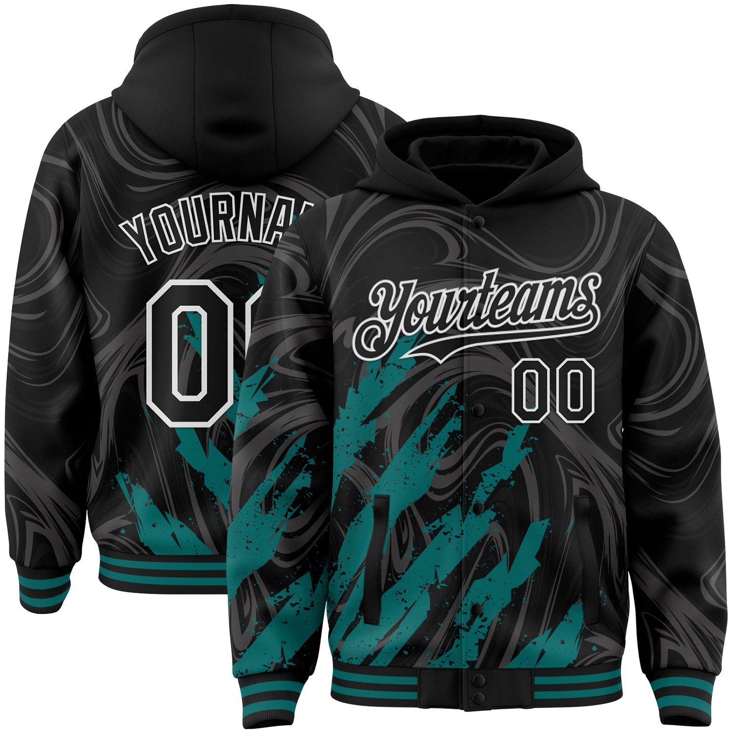 Custom Black Teal-White Splash Bomber Full-Snap Varsity Letterman Hoodie Jacket - Main View