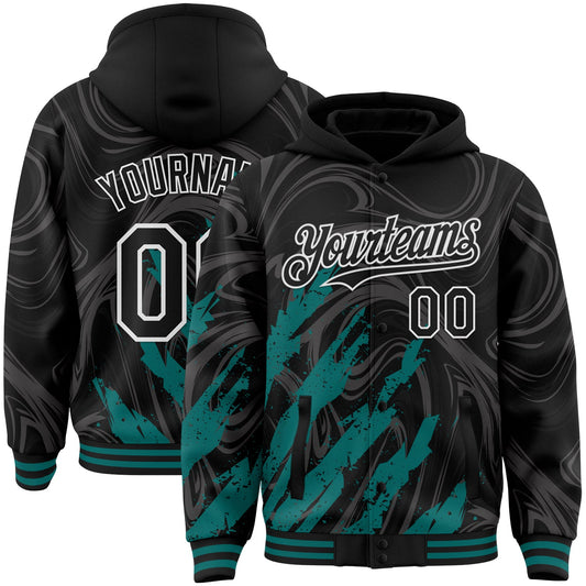 Custom Black Teal-White Splash Bomber Full-Snap Varsity Letterman Hoodie Jacket - Main View