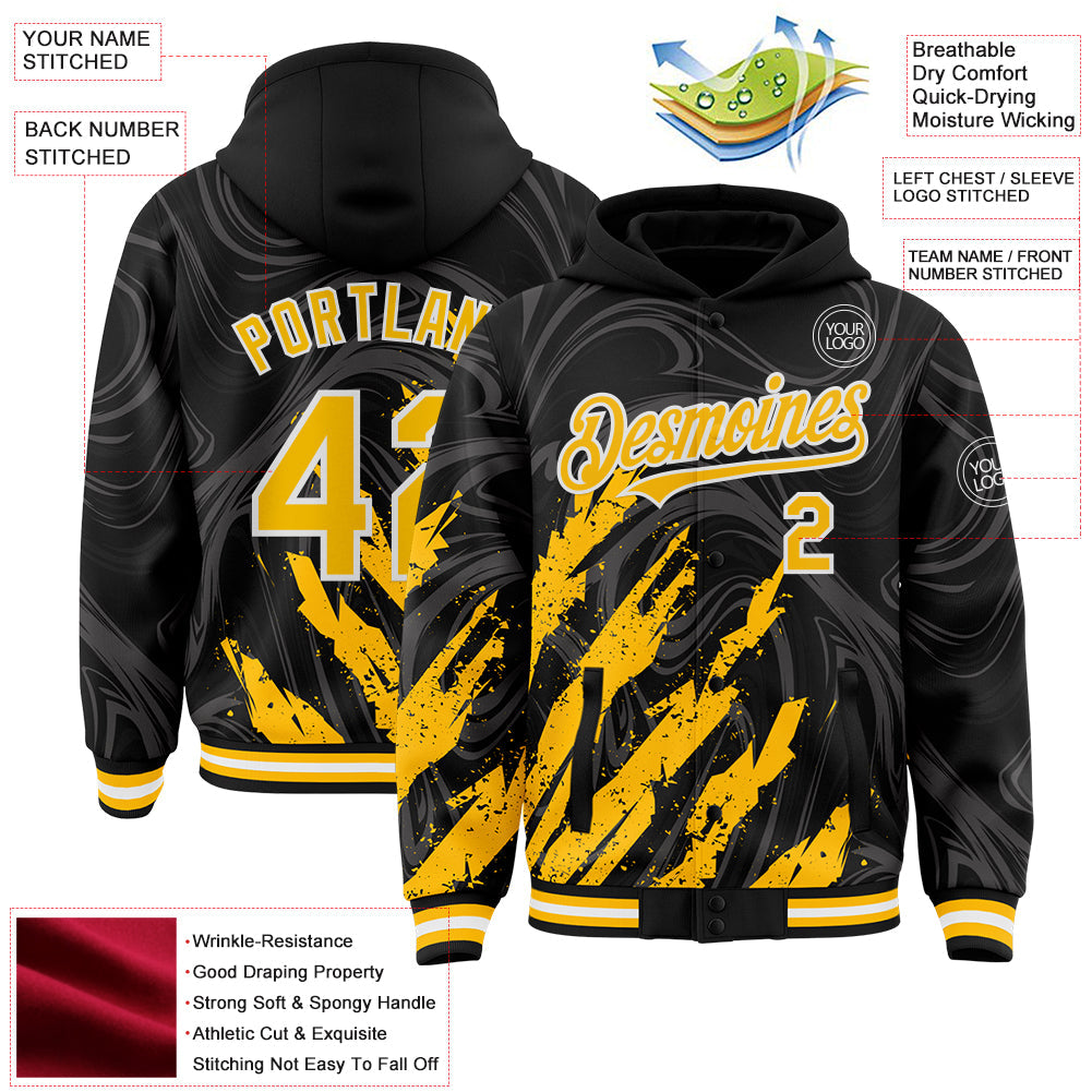 Custom Black Gold-White Splash Bomber Full-Snap Varsity Letterman Hoodie Jacket view 4