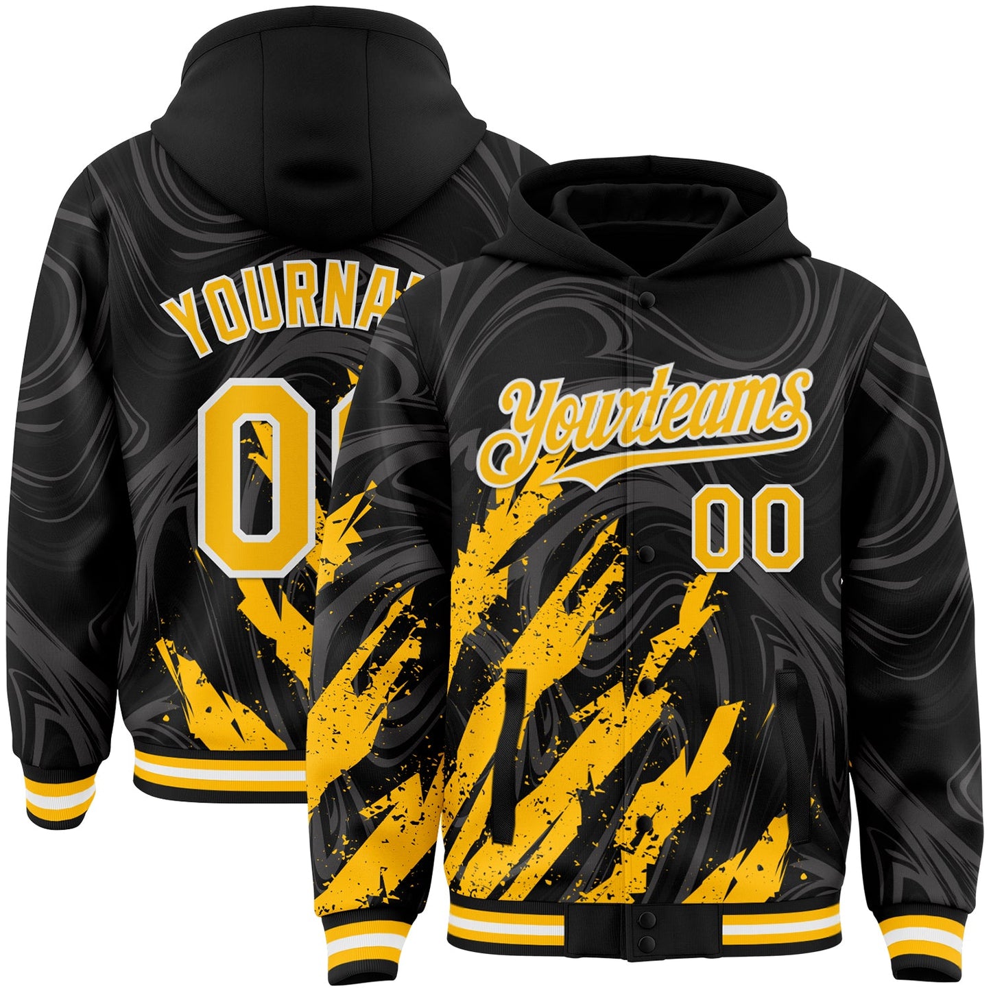 Custom Black Gold-White Splash Bomber Full-Snap Varsity Letterman Hoodie Jacket - Main View