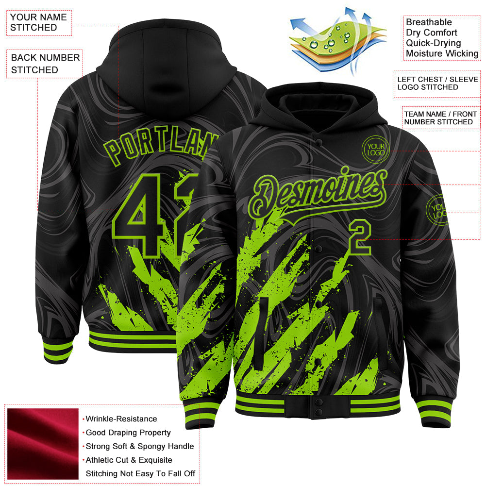 Custom Black Neon Green Splash Bomber Full-Snap Varsity Letterman Hoodie Jacket view 4