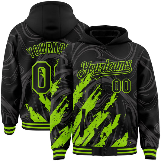 Custom Black Neon Green Splash Bomber Full-Snap Varsity Letterman Hoodie Jacket - Main View