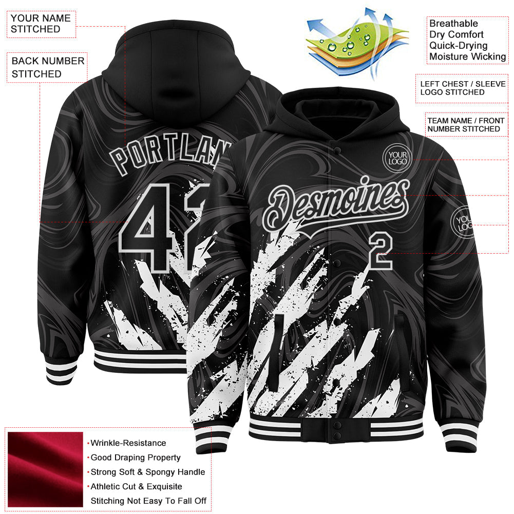 Custom Black White Splash Bomber Full-Snap Varsity Letterman Hoodie Jacket view 4