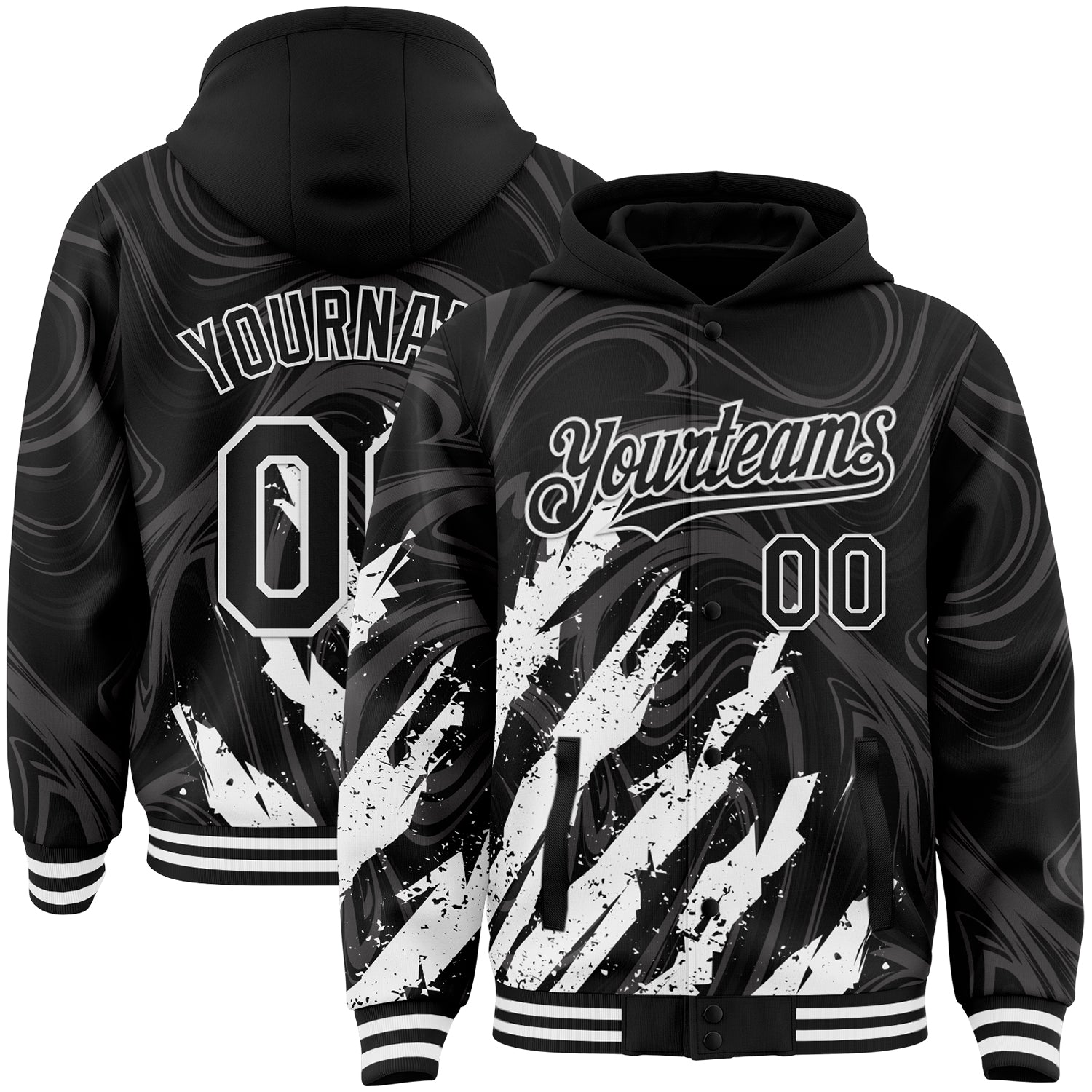 Custom Black White Splash Bomber Full-Snap Varsity Letterman Hoodie Jacket - Main View