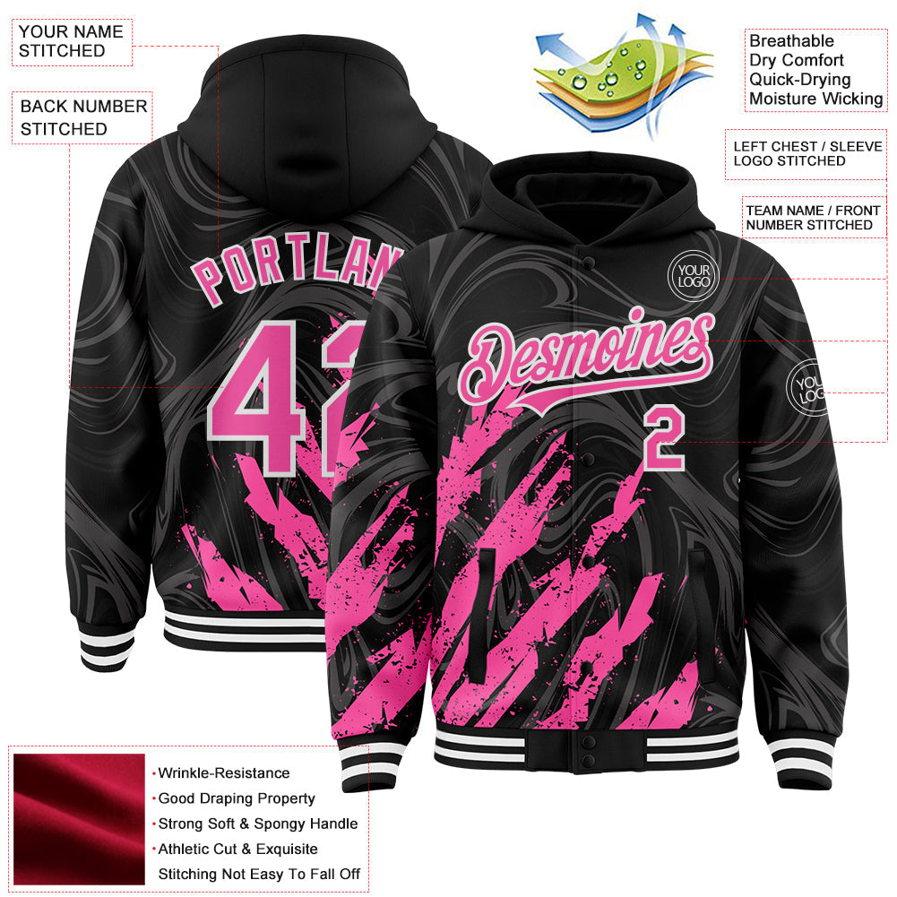 Custom Black Pink-White Splash Bomber Full-Snap Varsity Letterman Hoodie Jacket view 4