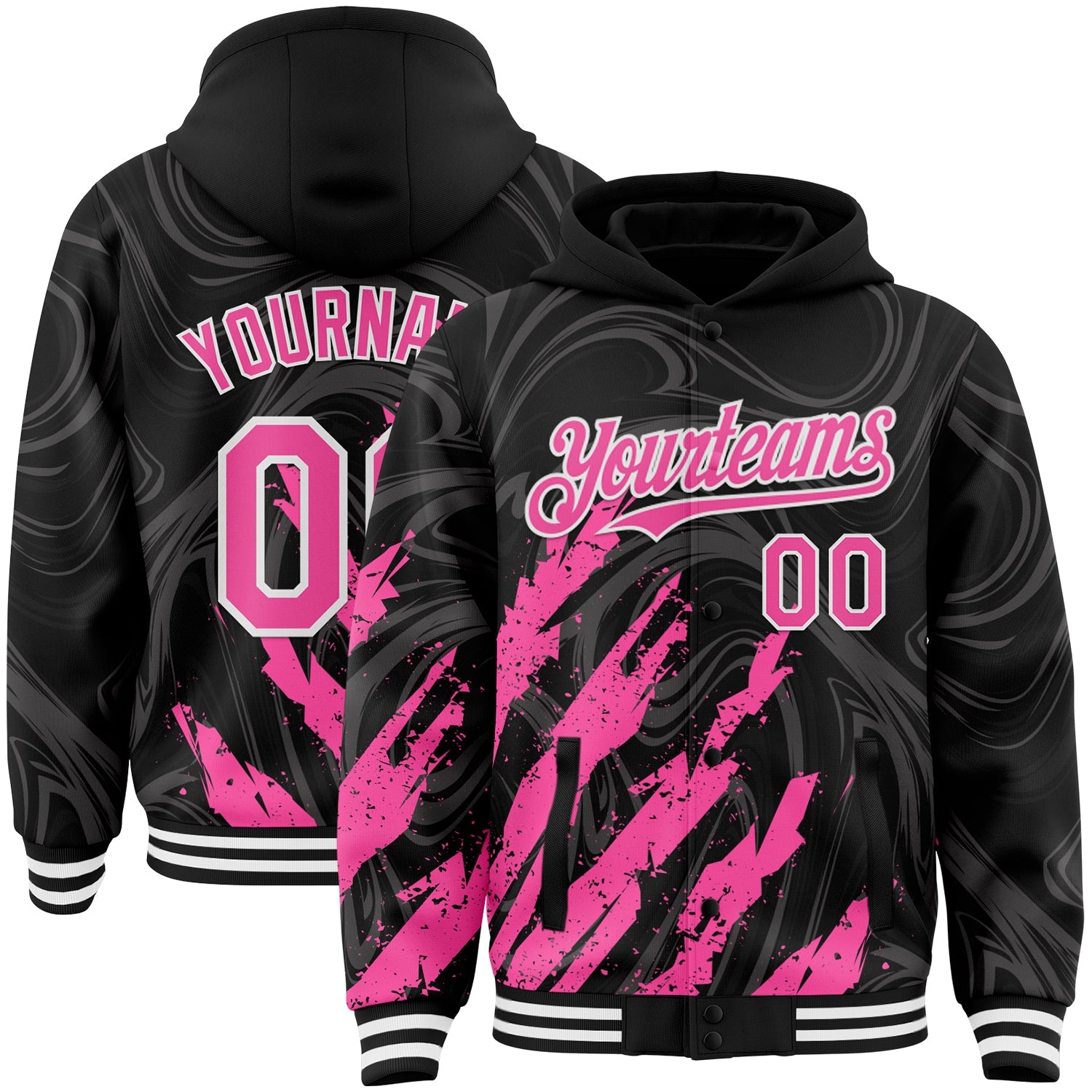 Custom Black Pink-White Splash Bomber Full-Snap Varsity Letterman Hoodie Jacket - Main View