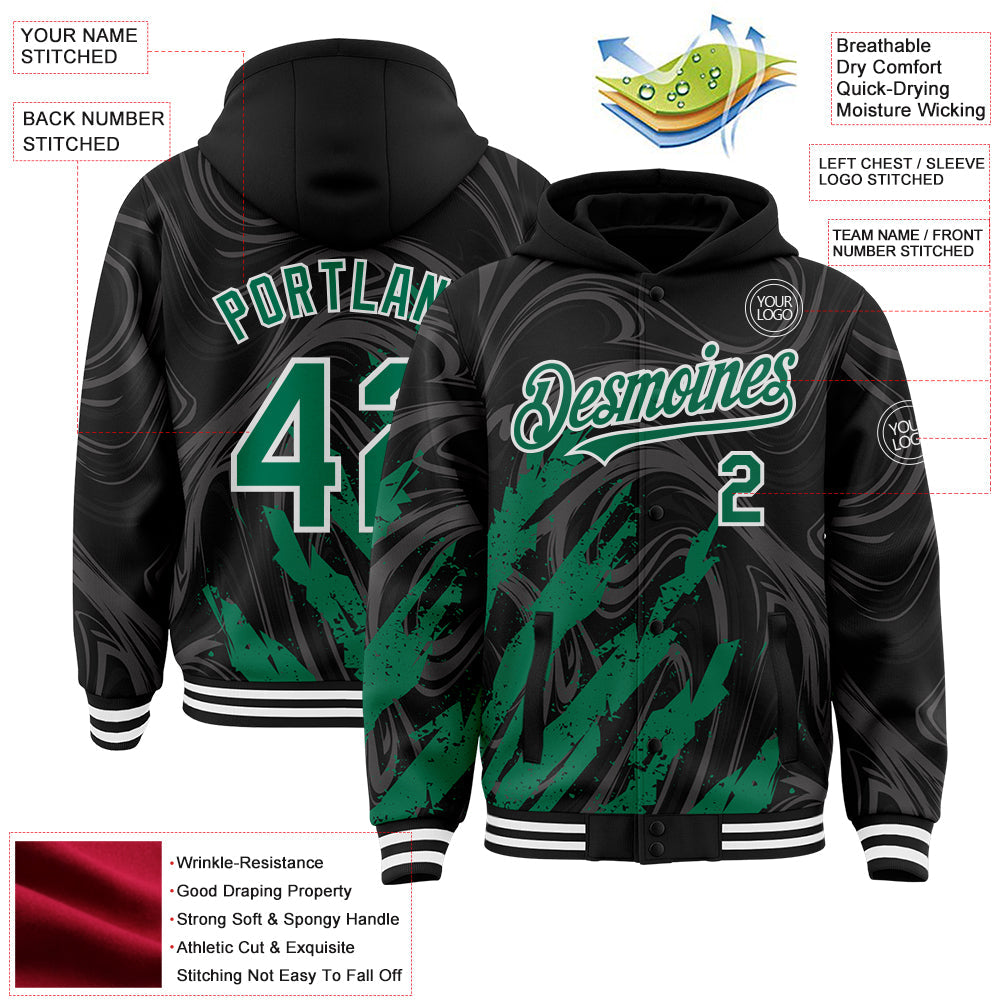 Custom Black Kelly Green-White Splash Bomber Full-Snap Varsity Letterman Hoodie Jacket view 4