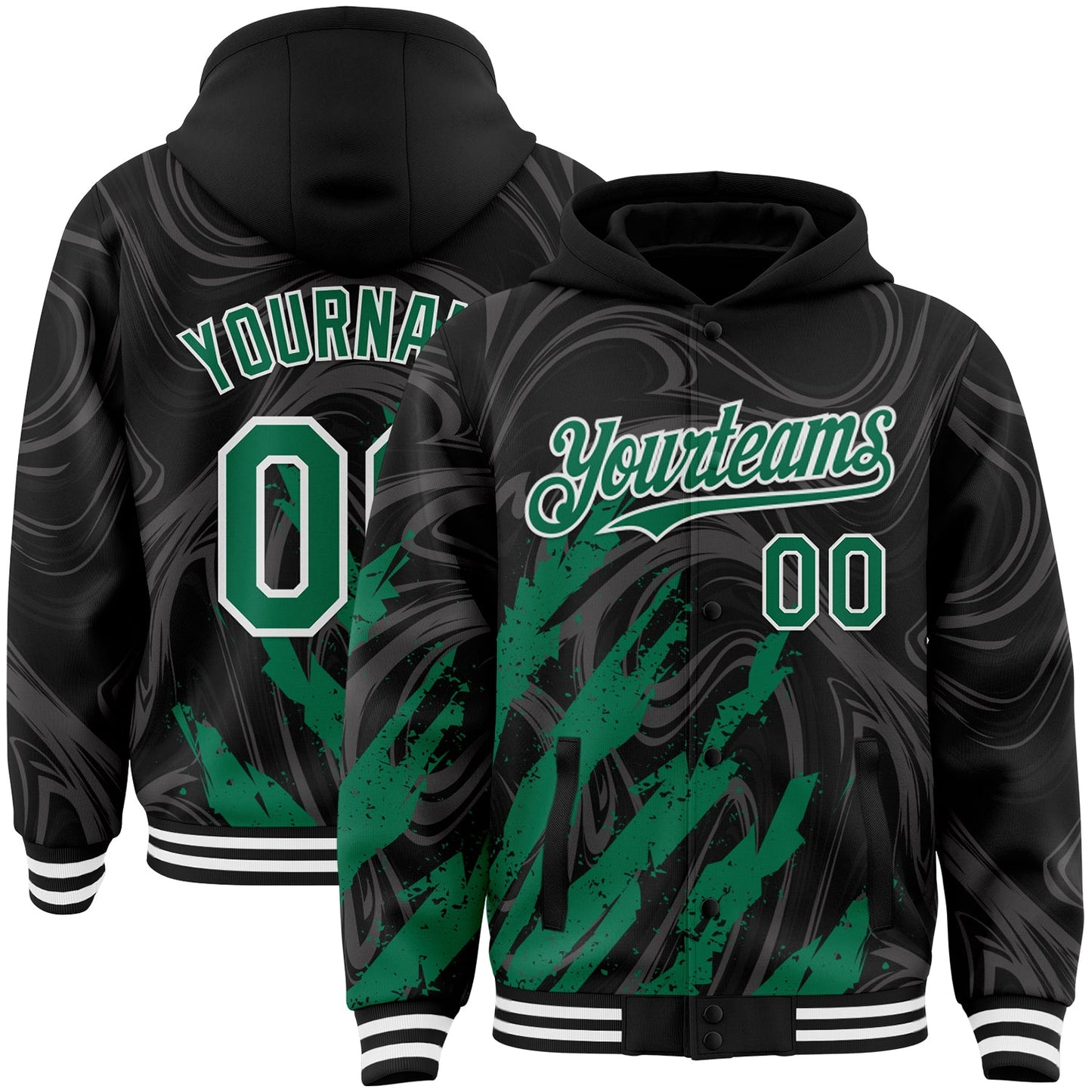 Custom Black Kelly Green-White Splash Bomber Full-Snap Varsity Letterman Hoodie Jacket - Main View