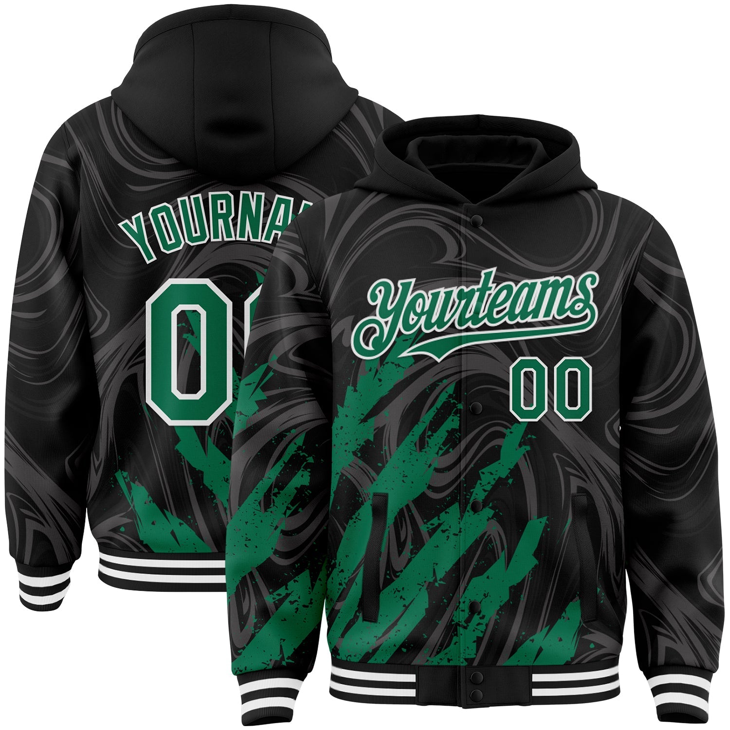 Custom Black Kelly Green-White Splash Bomber Full-Snap Varsity Letterman Hoodie Jacket - Main View