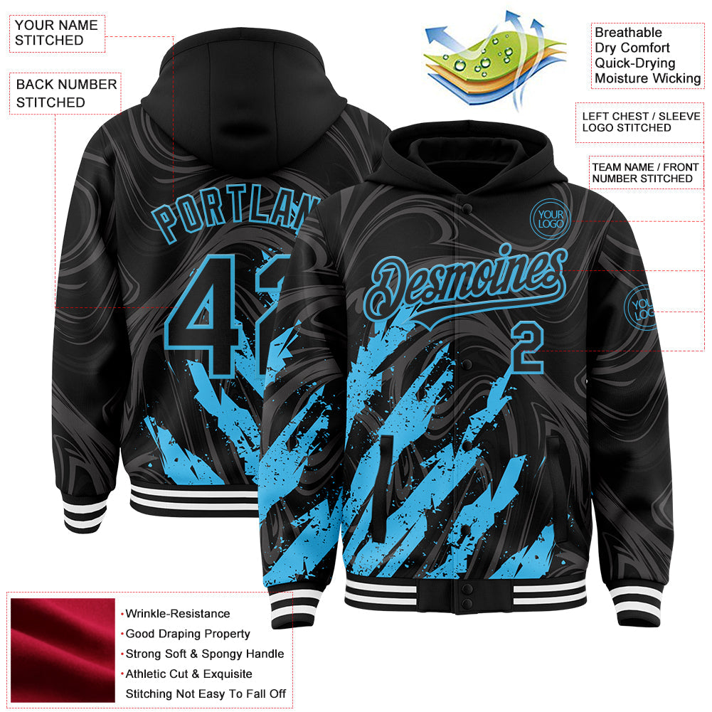 Custom Black Sky Blue-White Splash Bomber Full-Snap Varsity Letterman Hoodie Jacket view 4