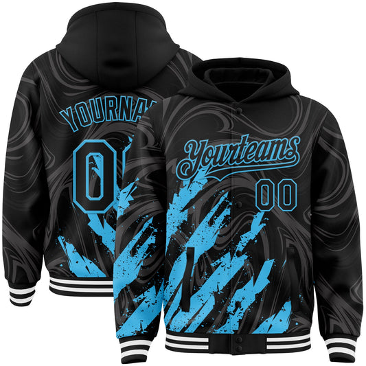 Custom Black Sky Blue-White Splash Bomber Full-Snap Varsity Letterman Hoodie Jacket - Main View