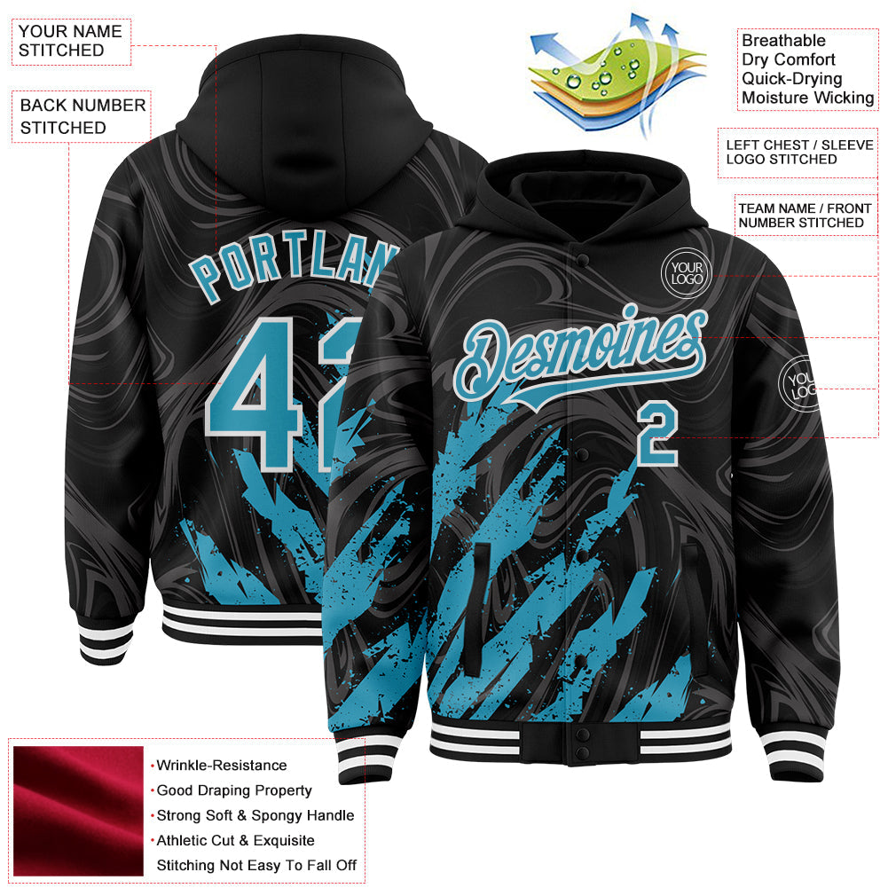 Custom Black Panther Blue-White Splash Bomber Full-Snap Varsity Letterman Hoodie Jacket view 4
