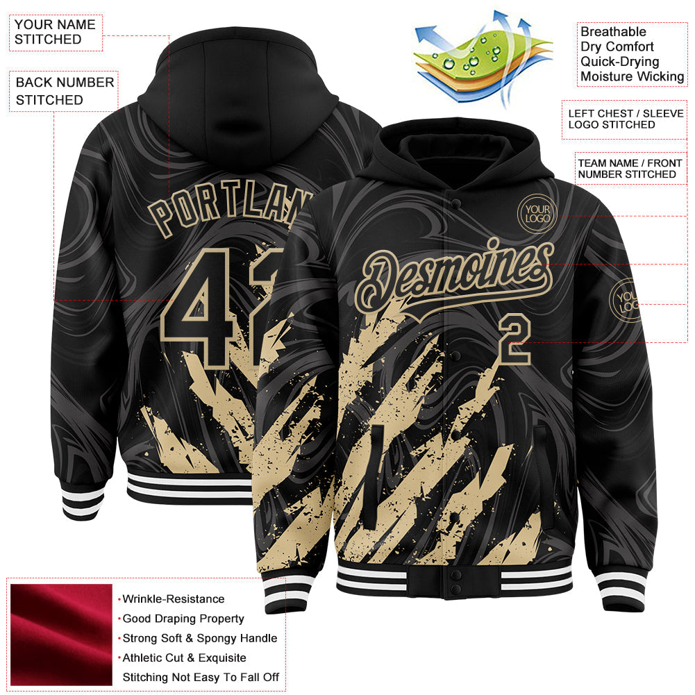 Custom Black Vegas Gold-White Splash Bomber Full-Snap Varsity Letterman Hoodie Jacket view 4