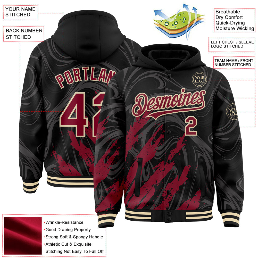 Custom Black Crimson-Cream Splash Bomber Full-Snap Varsity Letterman Hoodie Jacket view 4