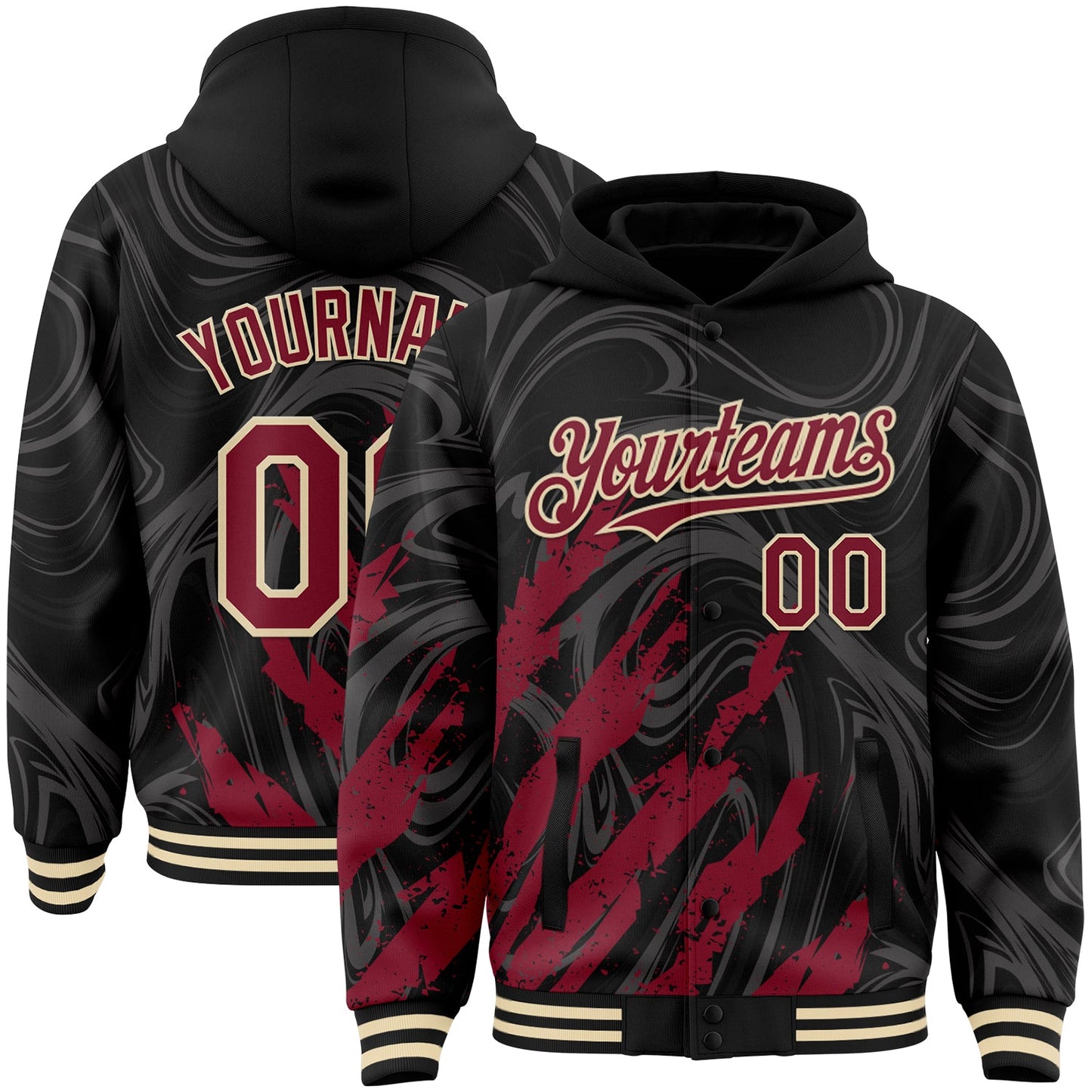 Custom Black Crimson-Cream Splash Bomber Full-Snap Varsity Letterman Hoodie Jacket - Main View
