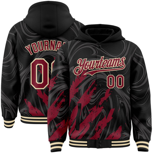 Custom Black Crimson-Cream Splash Bomber Full-Snap Varsity Letterman Hoodie Jacket - Main View