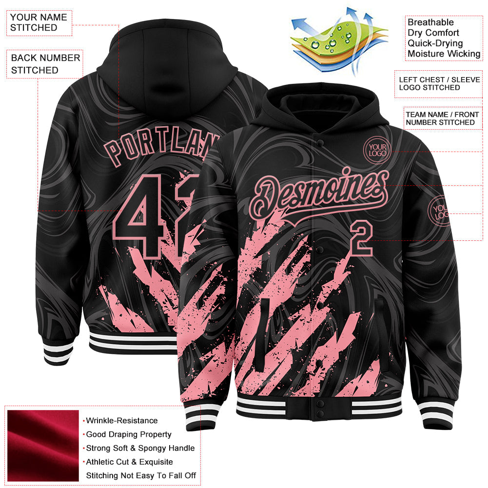 Custom Black Medium Pink-White Splash Bomber Full-Snap Varsity Letterman Hoodie Jacket view 4