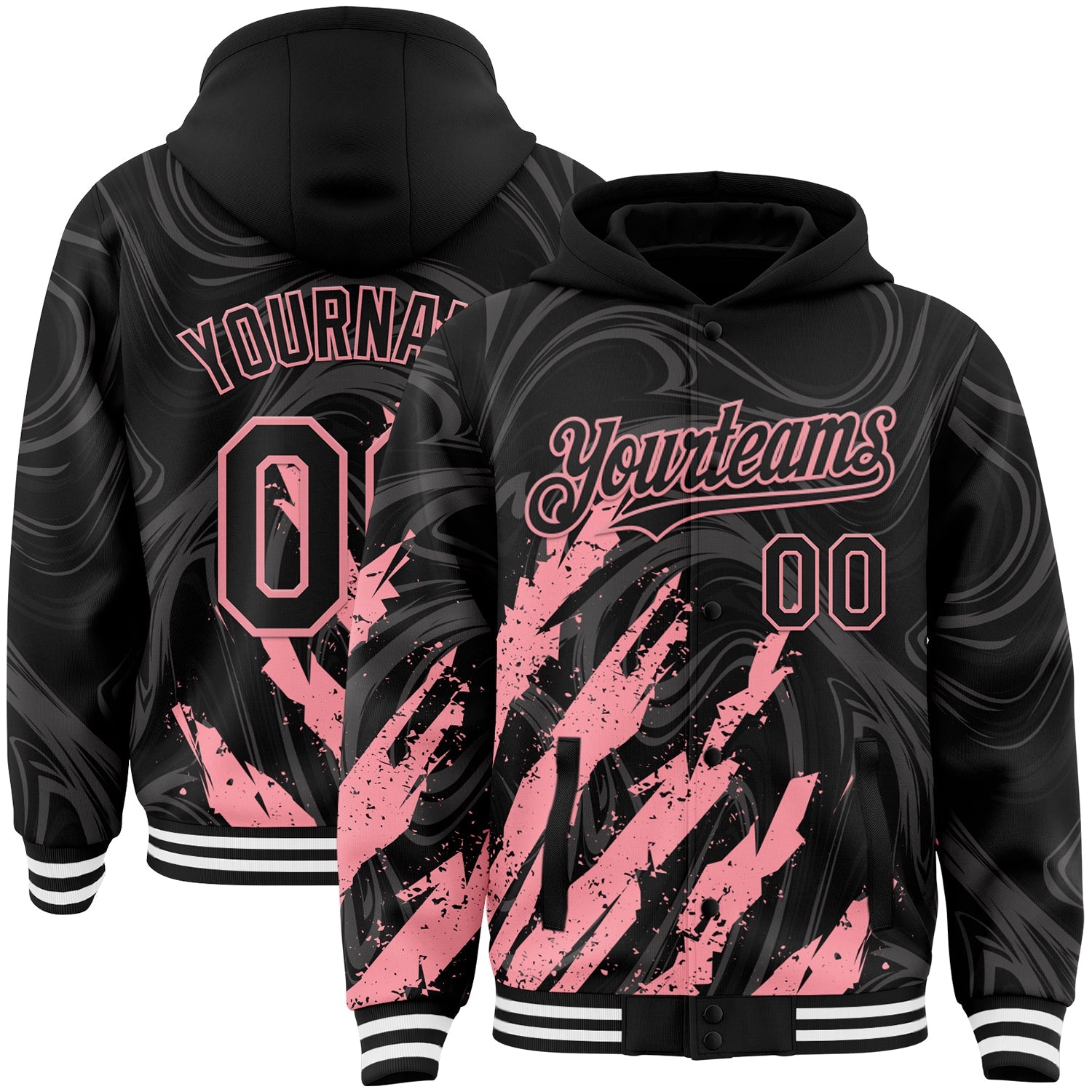 Custom Black Medium Pink-White Splash Bomber Full-Snap Varsity Letterman Hoodie Jacket - Main View