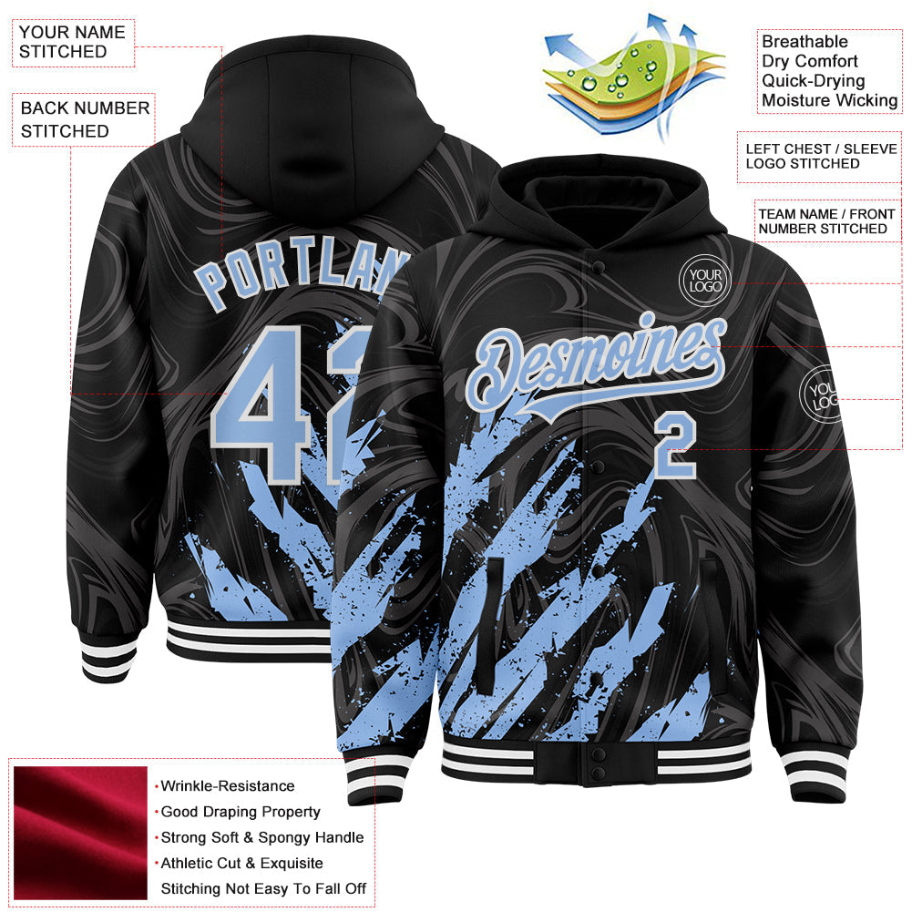 Custom Black Light Blue-White Splash Bomber Full-Snap Varsity Letterman Hoodie Jacket view 4
